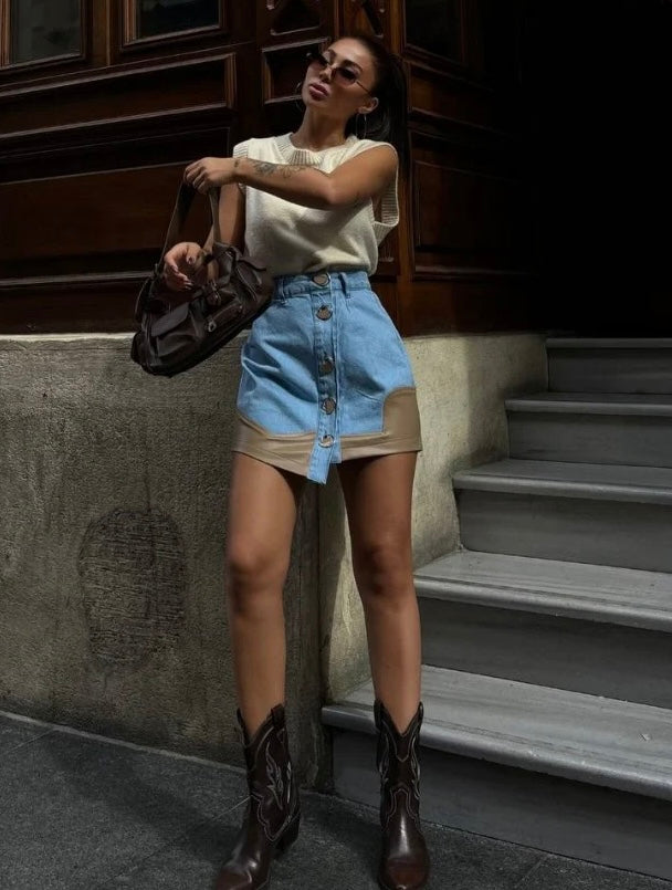 Khaki Leather Jeans Skirt