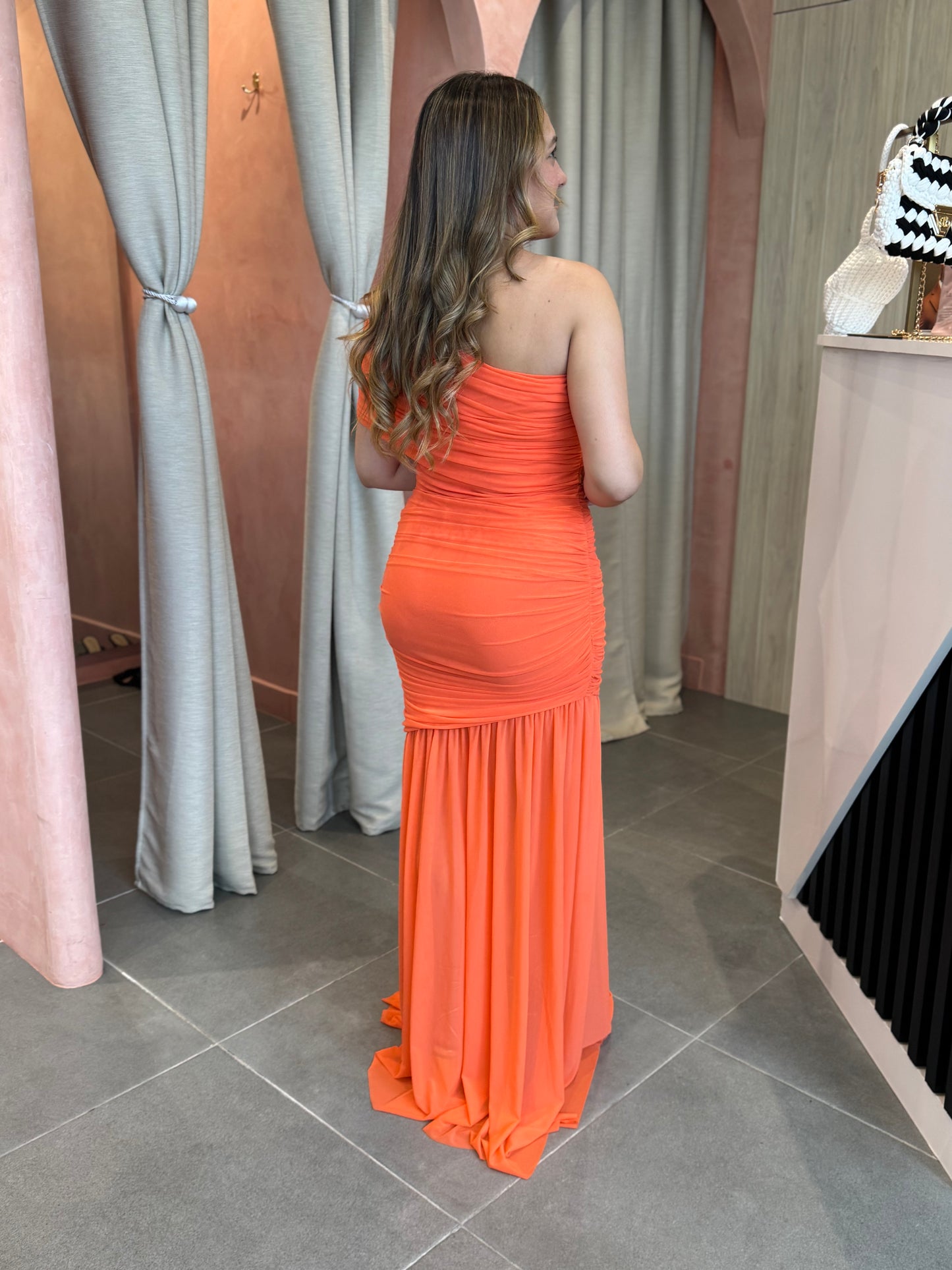 Orange Mesh Asymmetric Maxi Dress