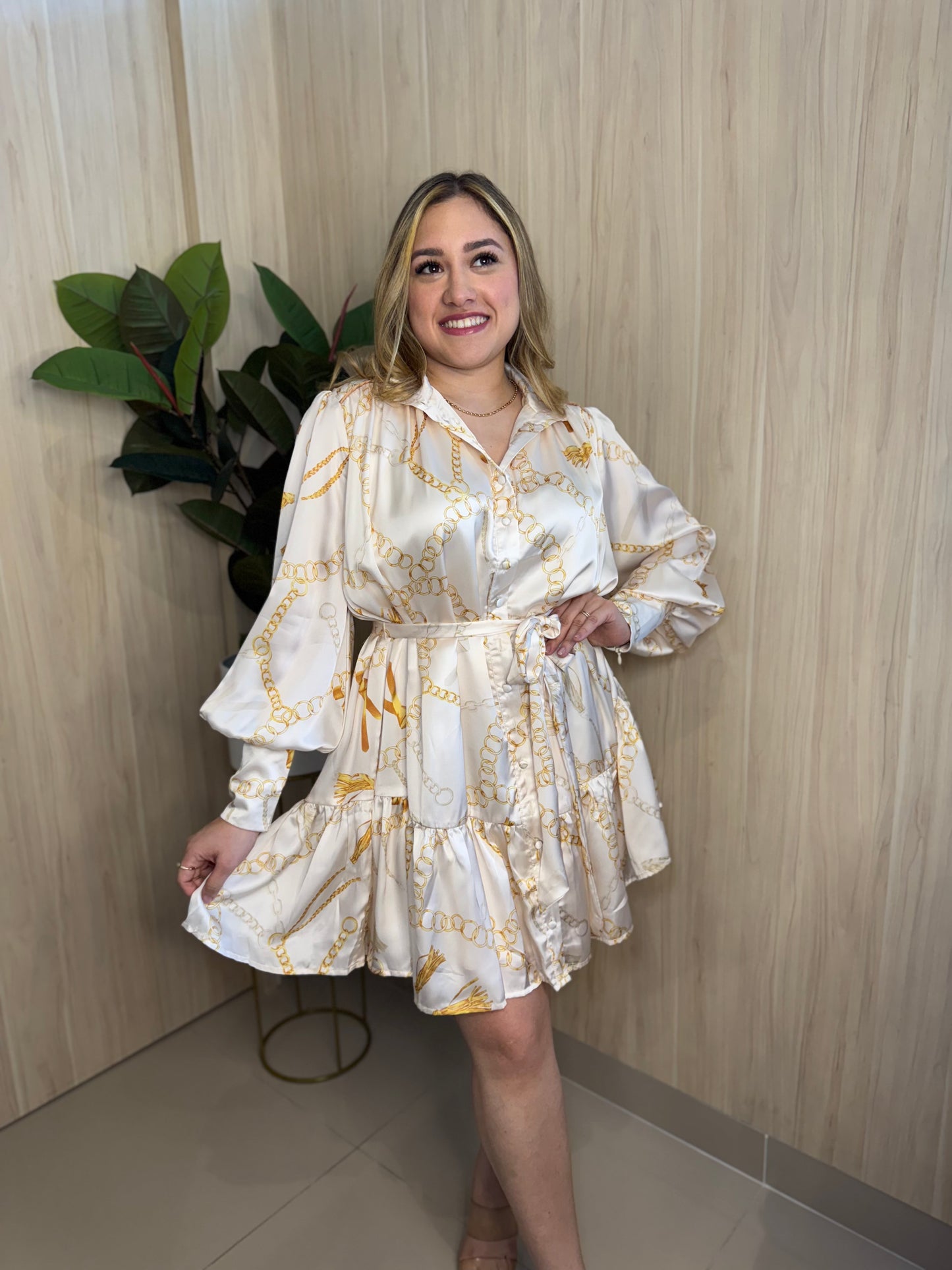 Beige print Satin Dress