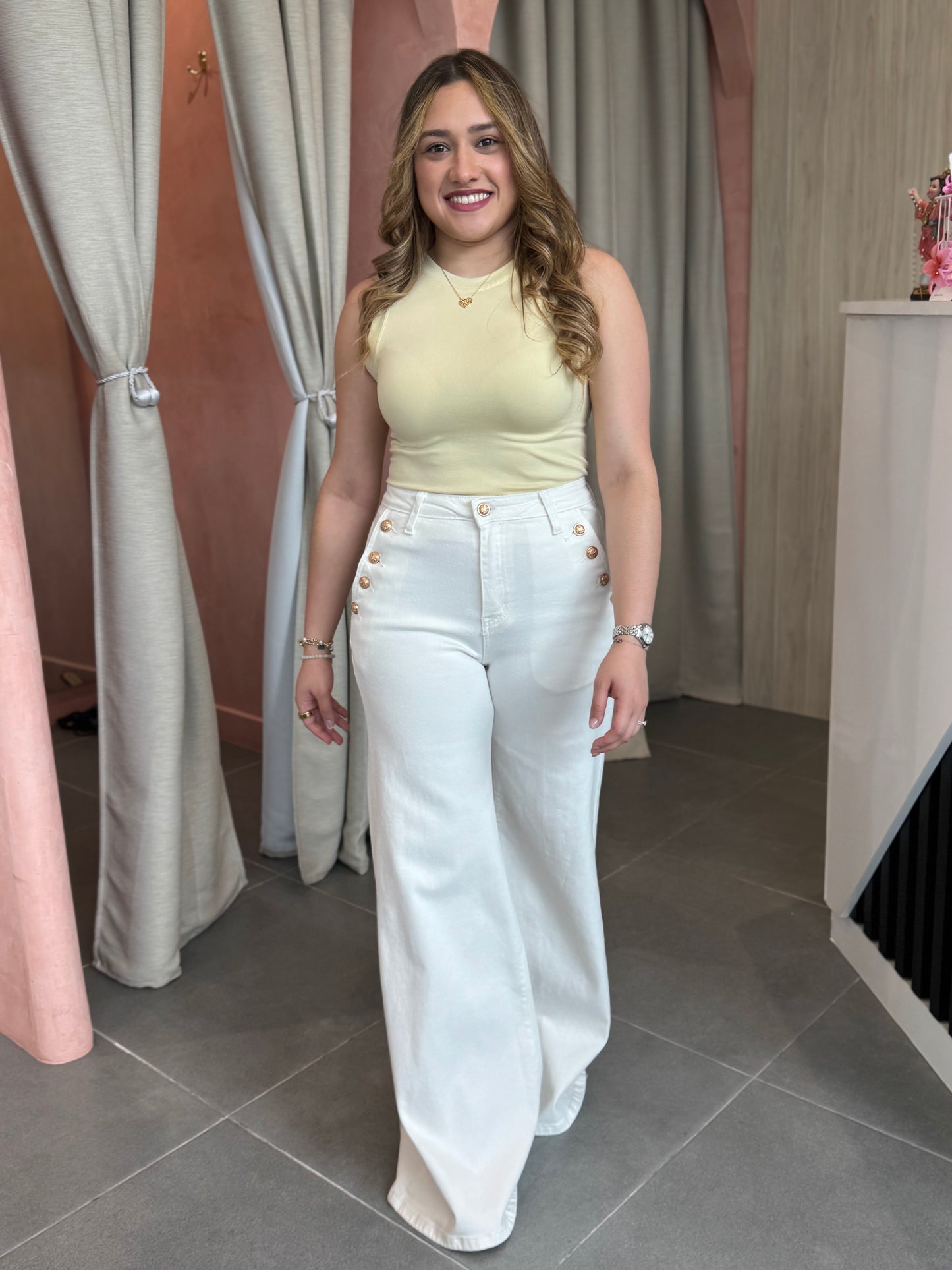 White Gold Buttons Jeans