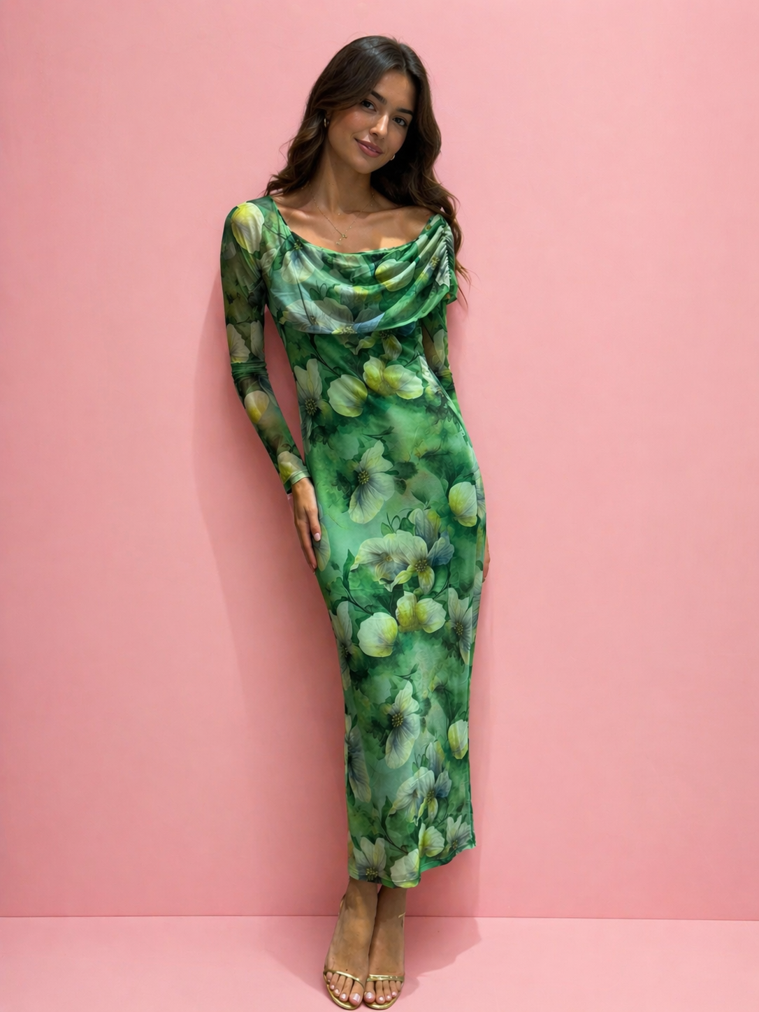 Green Multi Floral Mesh Maxi Dress