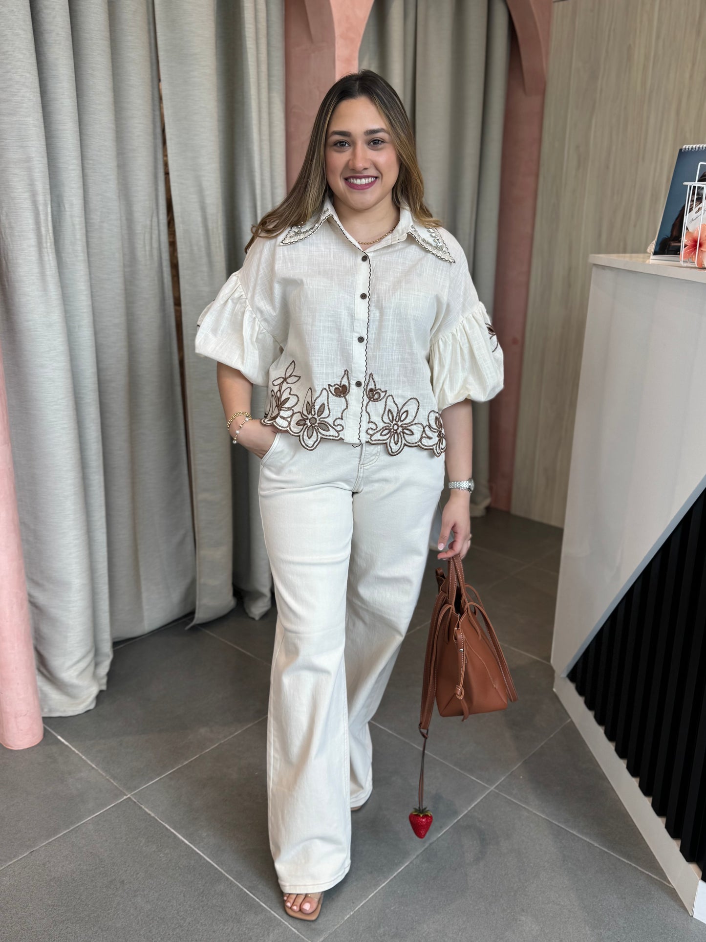 Beige Denim Straight Jeans