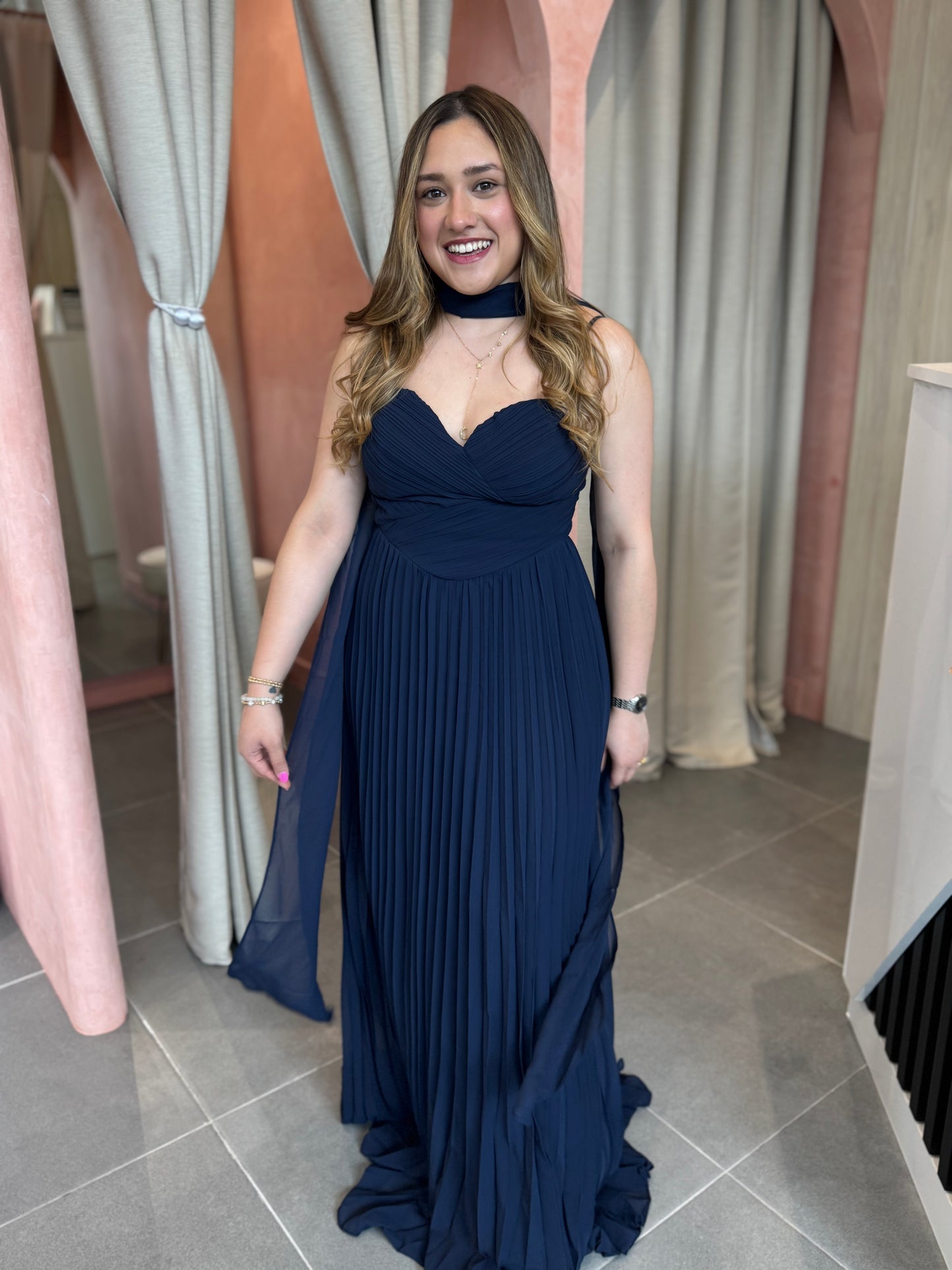 Navy Chiffon Maxi Dress with Scarf