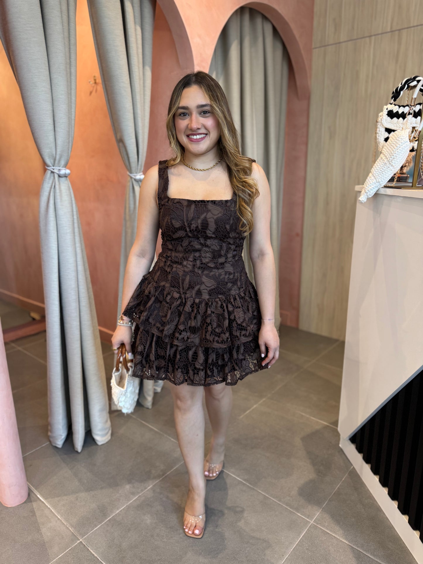 Brown Lace Mini Dress