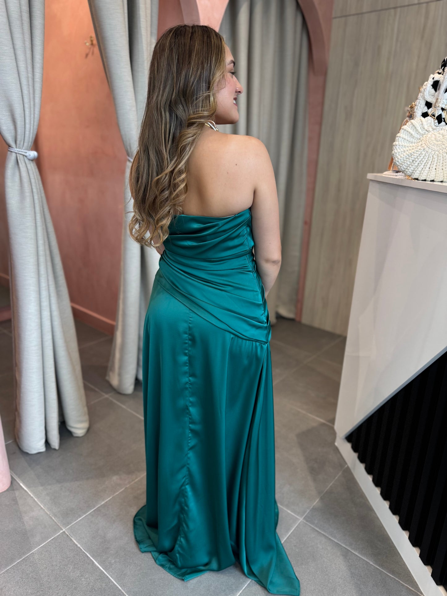 Teal Satin Maxi Dress