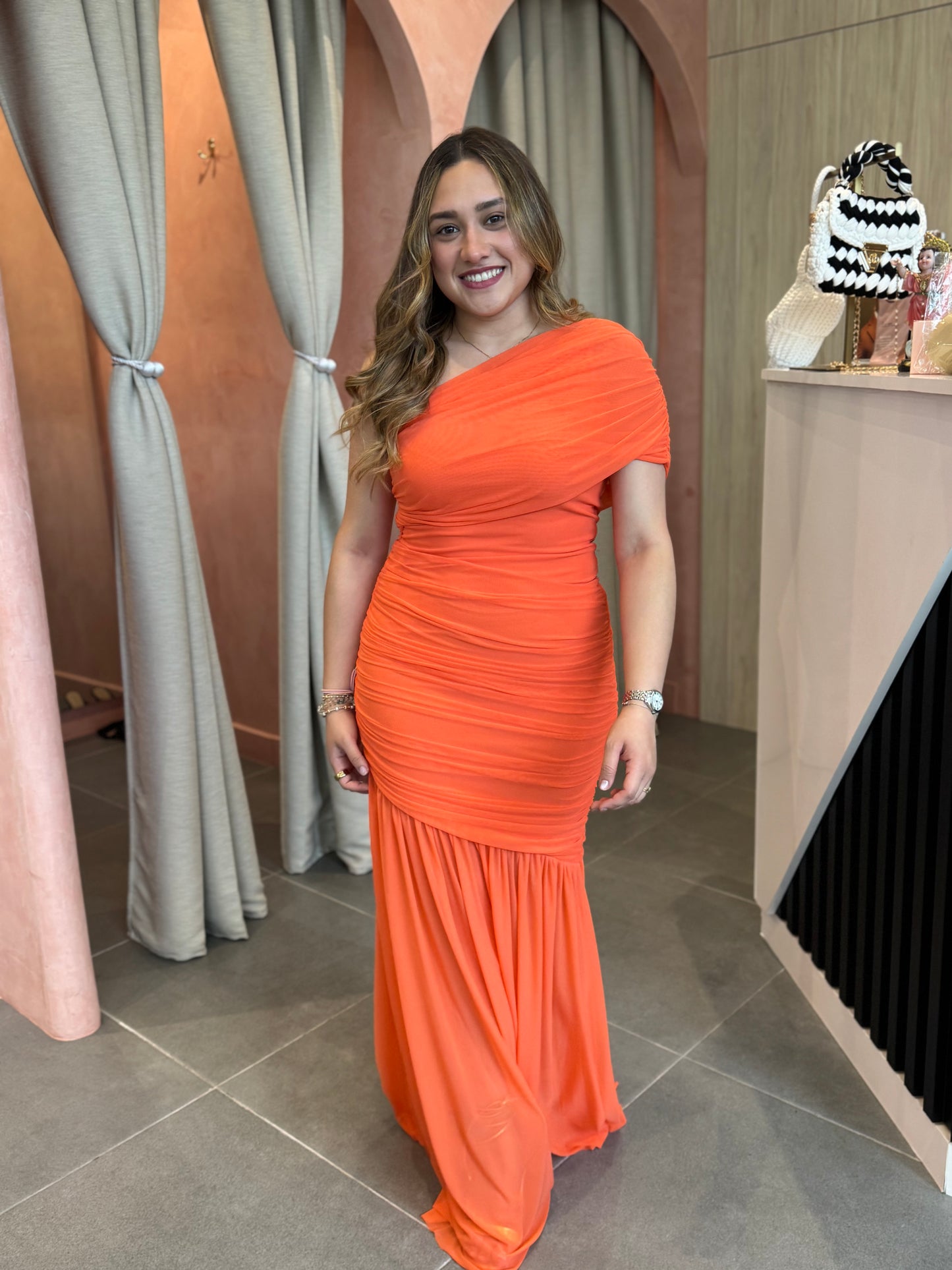 Orange Mesh Asymmetric Maxi Dress