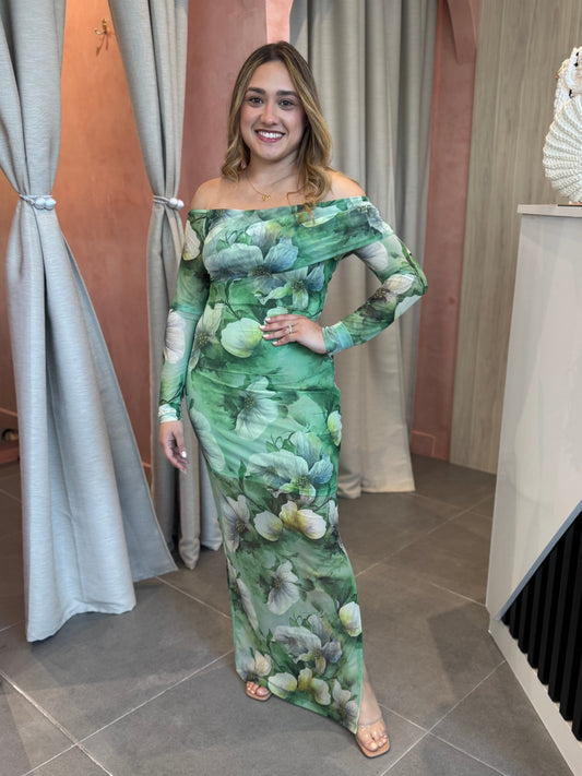 Green Multi Floral Mesh Maxi Dress