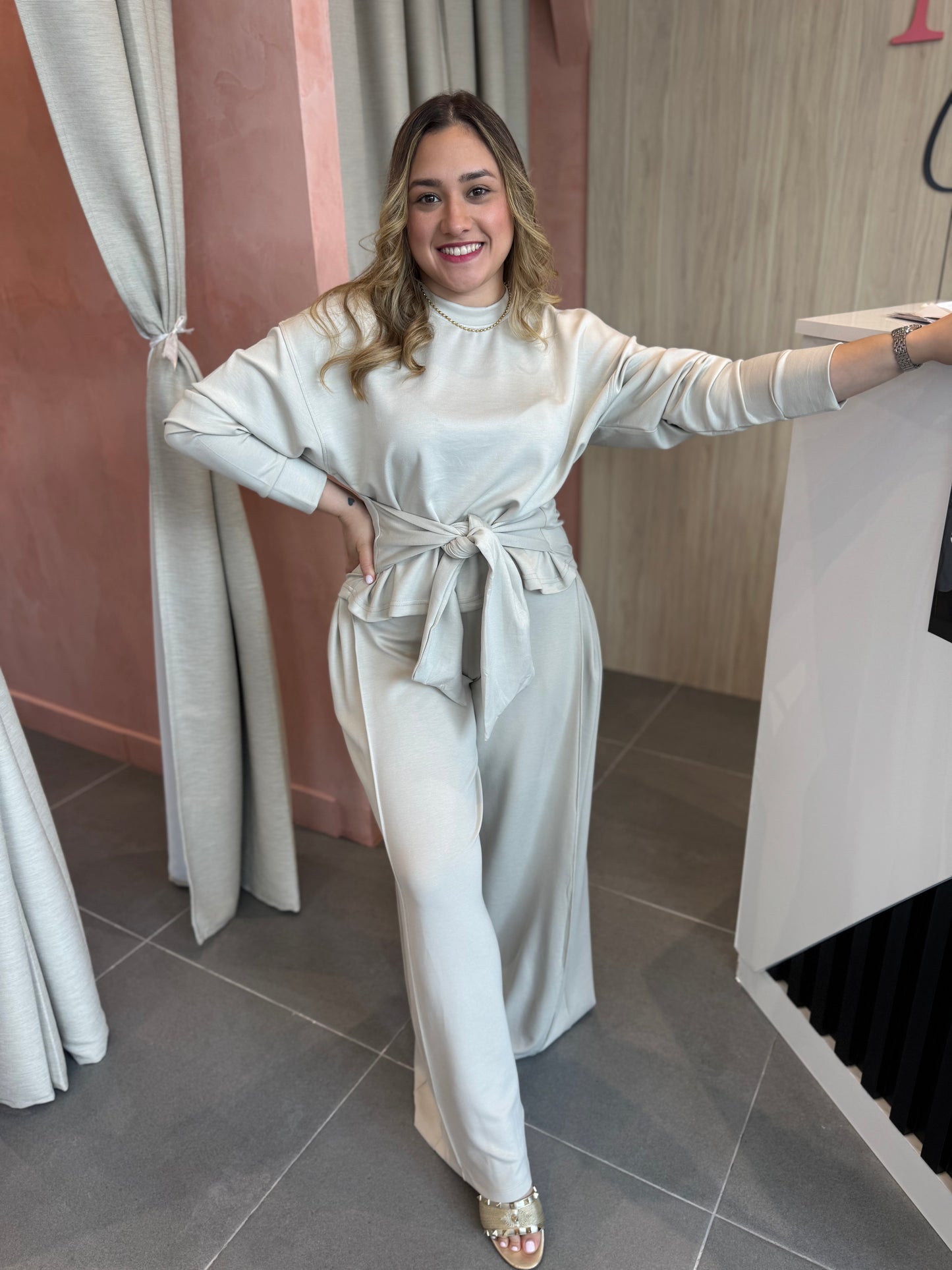 Cotton Front bow Set Beige