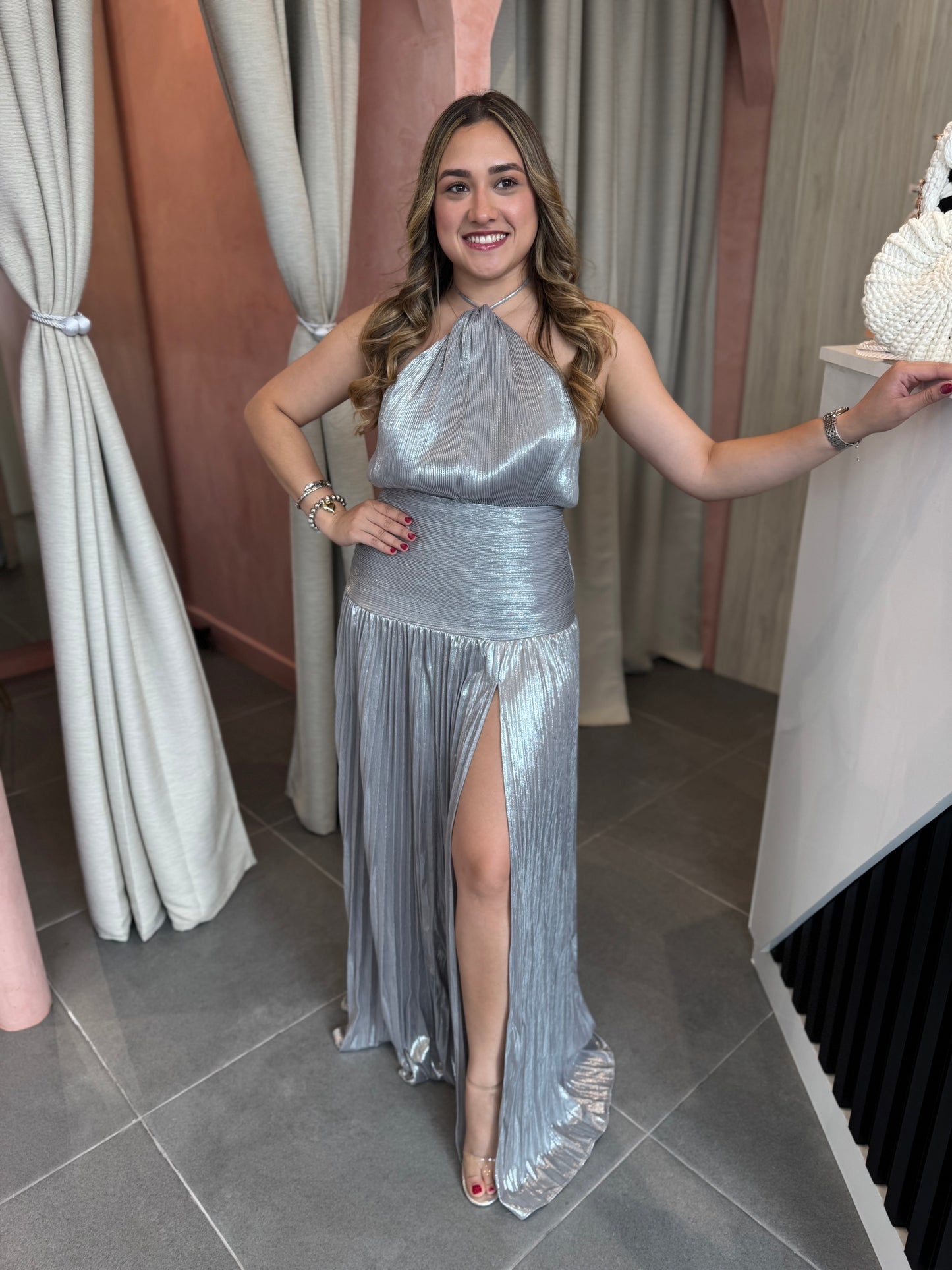 Silver Metallic Halter Maxi Dress