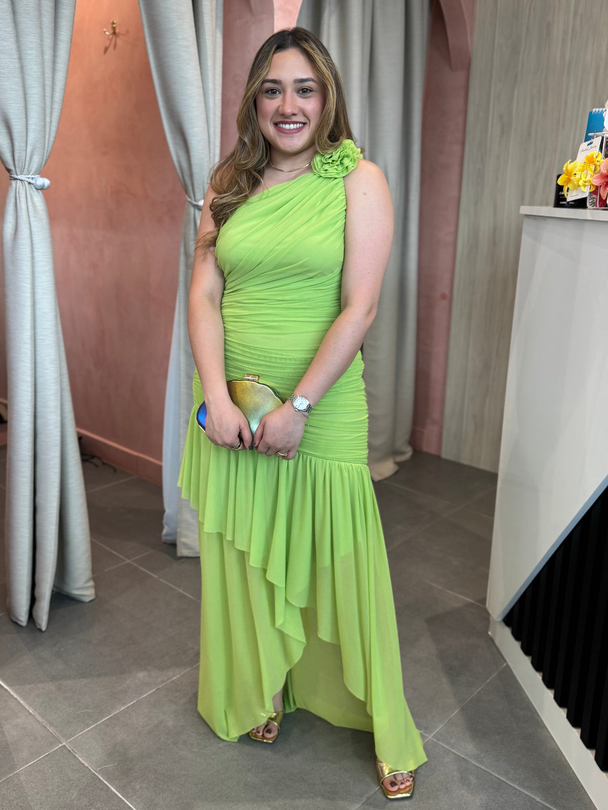 Pear Green Ruched High-low Dress