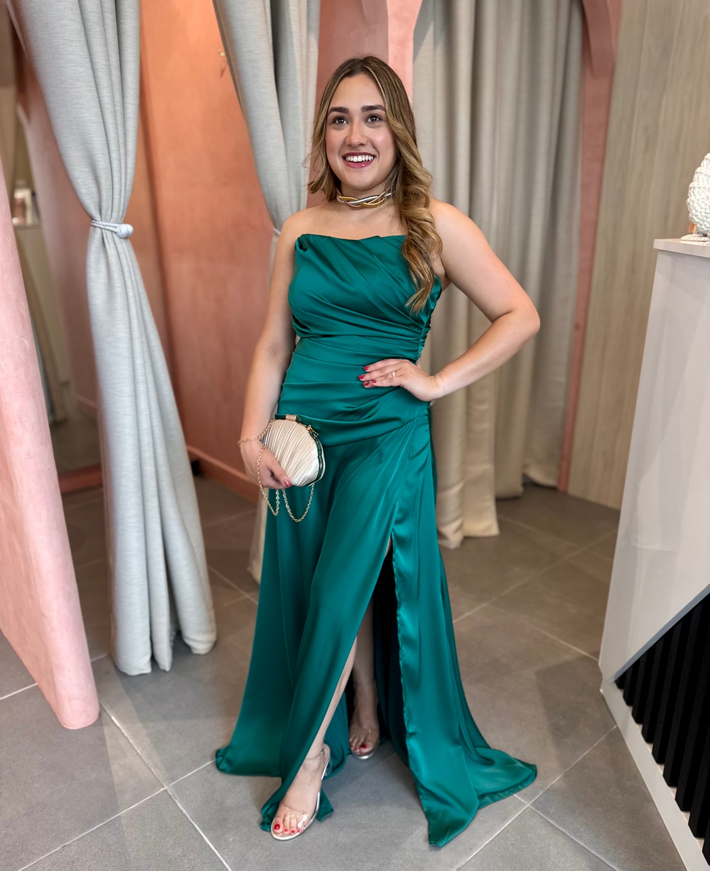 Teal Satin Maxi Dress