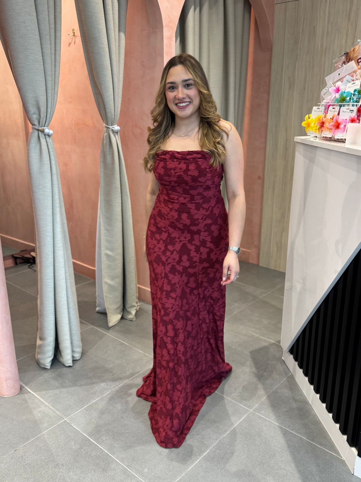 Red Wine Floral Strap Maxi Dress