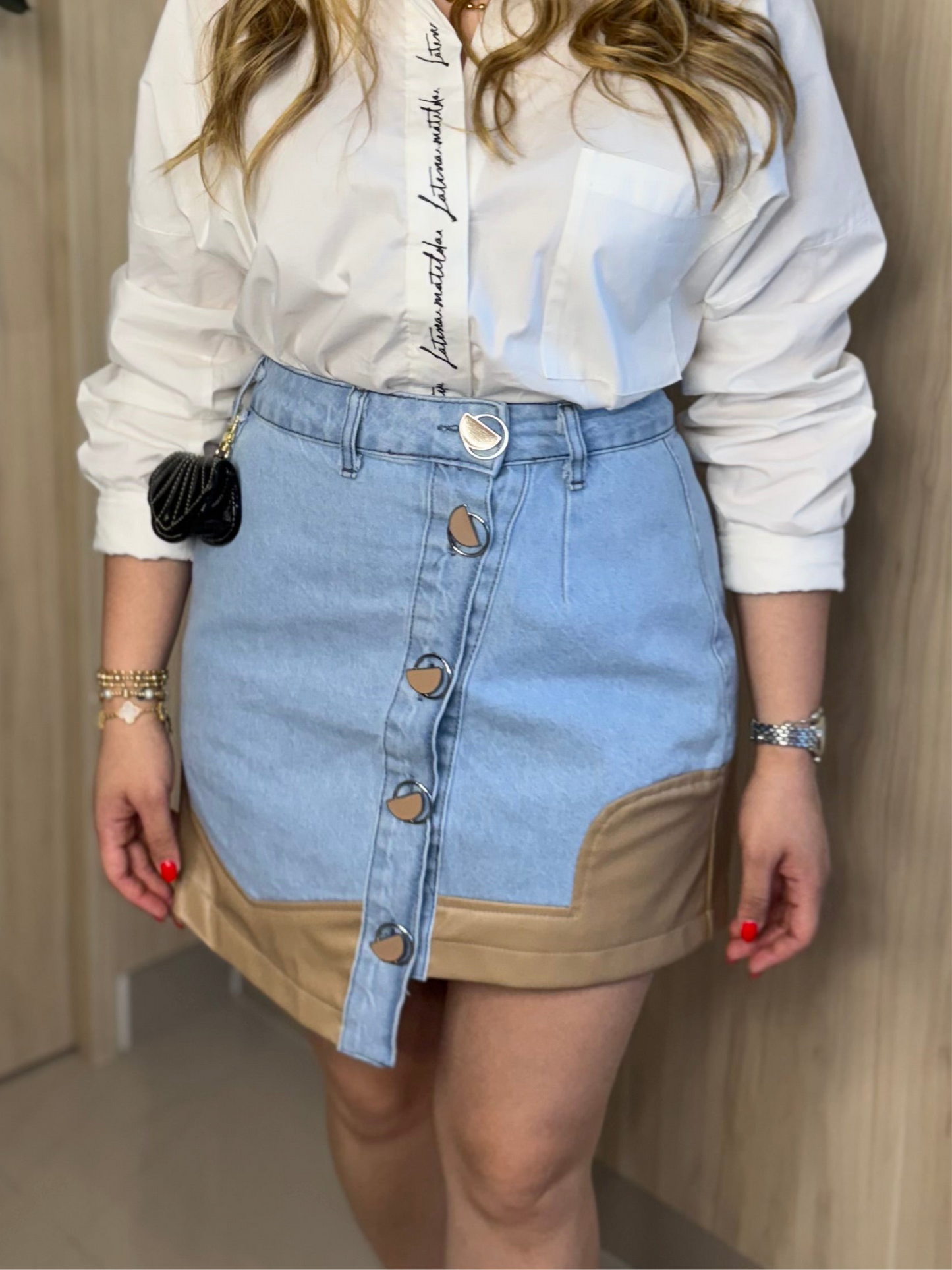 Khaki Leather Jeans Skirt