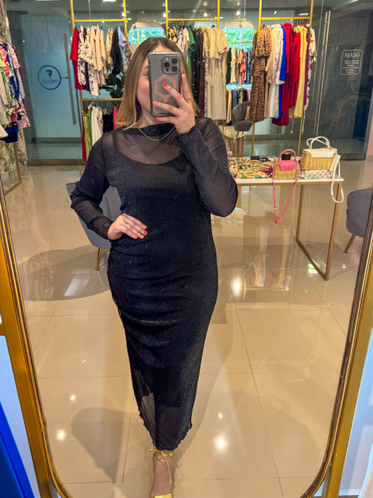 Black Detailed Mesh Draped Dress