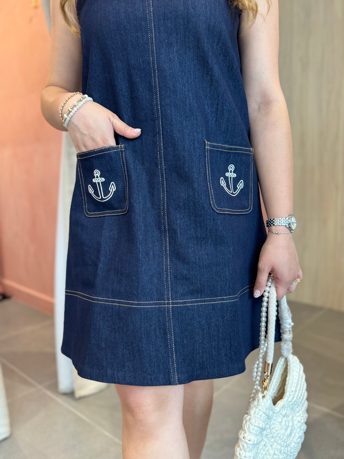 Navy Embroidered Denim Mini Dress