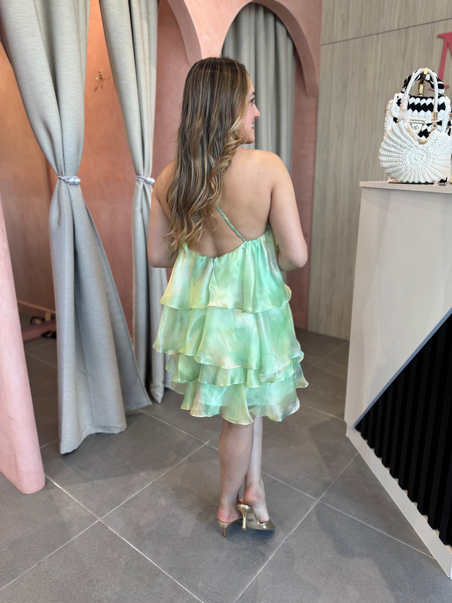 Sage Ruffle Halter Mini Dress