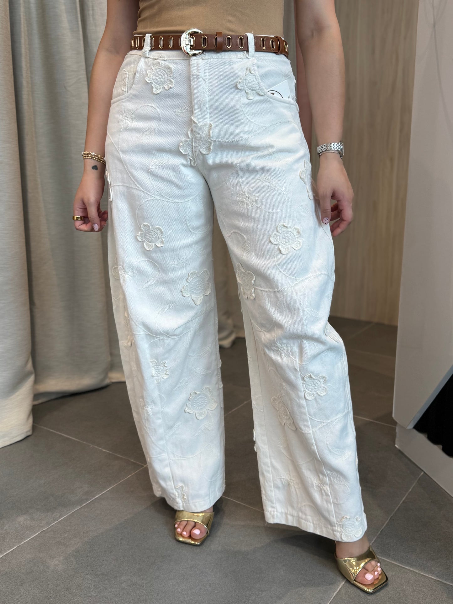 Beige Flower Embroidery Pants