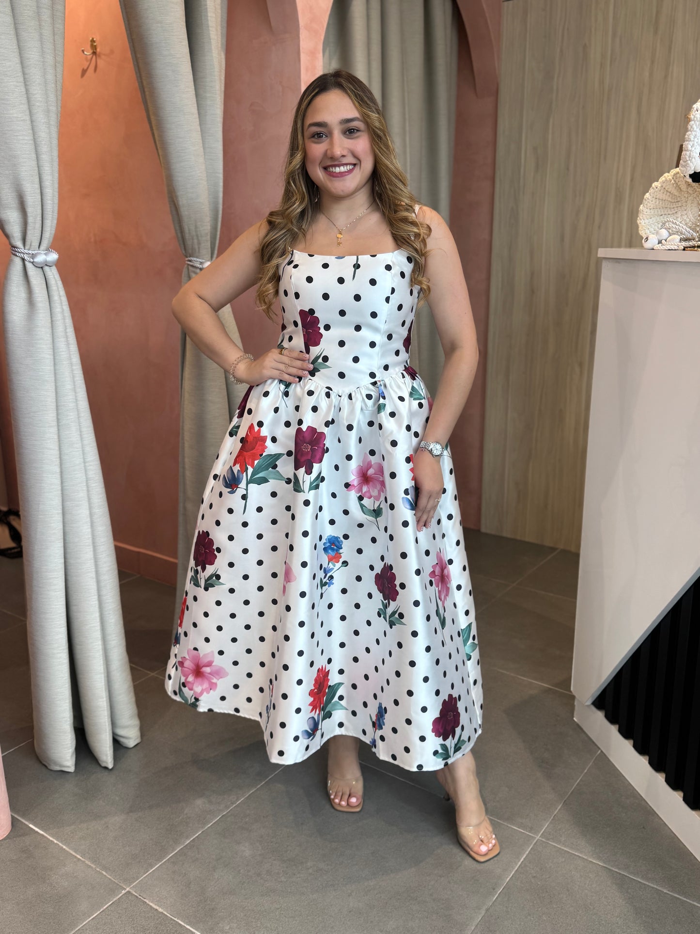 Multi Floral Print Dot Midi Dress