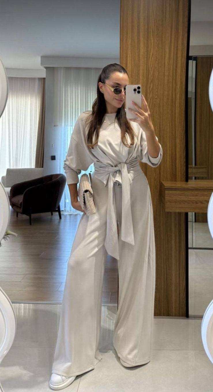 Cotton Front bow Set Beige