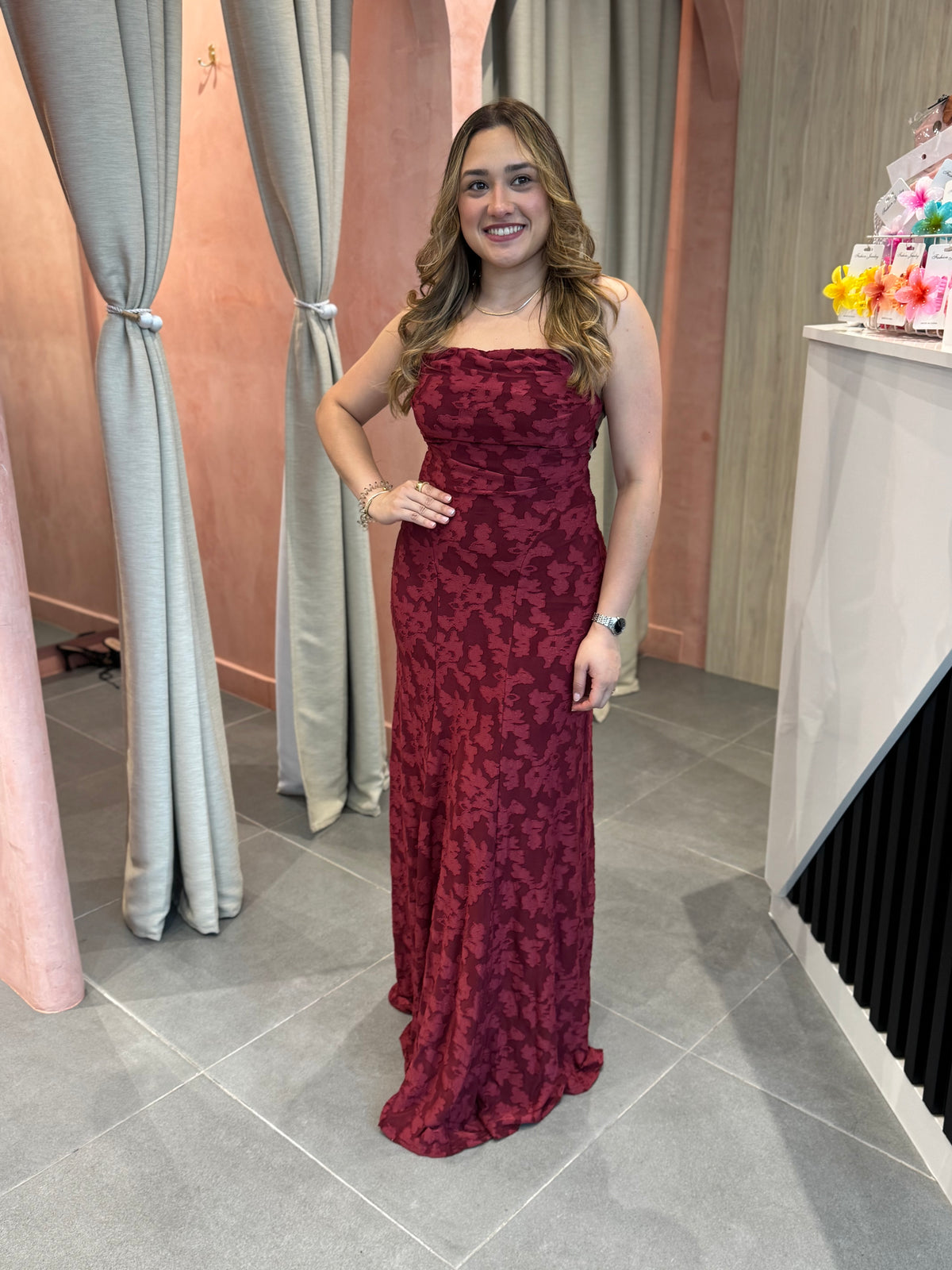 Red Wine Floral Strap Maxi Dress