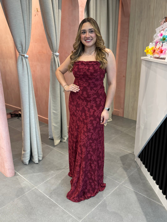 Red Wine Floral Strap Maxi Dress
