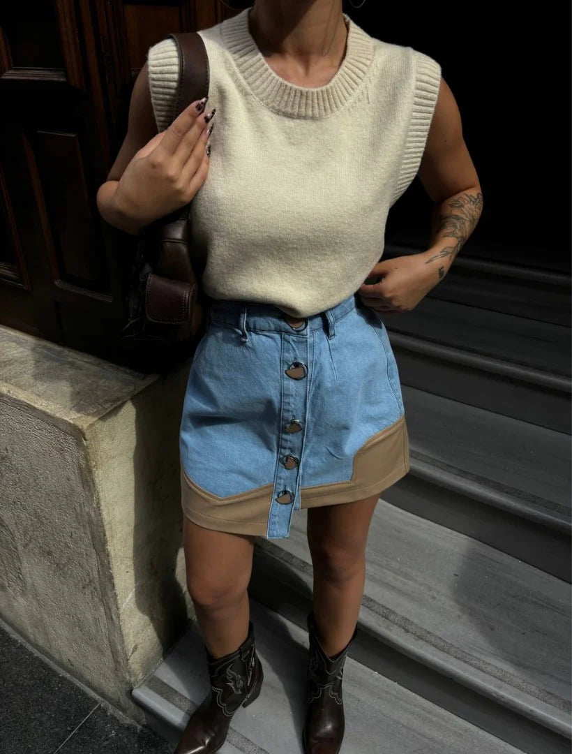 Khaki Leather Jeans Skirt