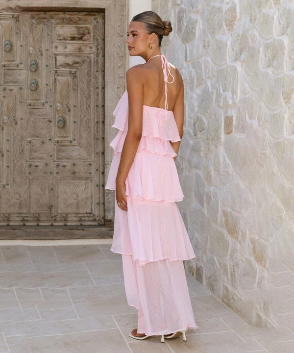 Pink Ruffled Halter Maxi Dress