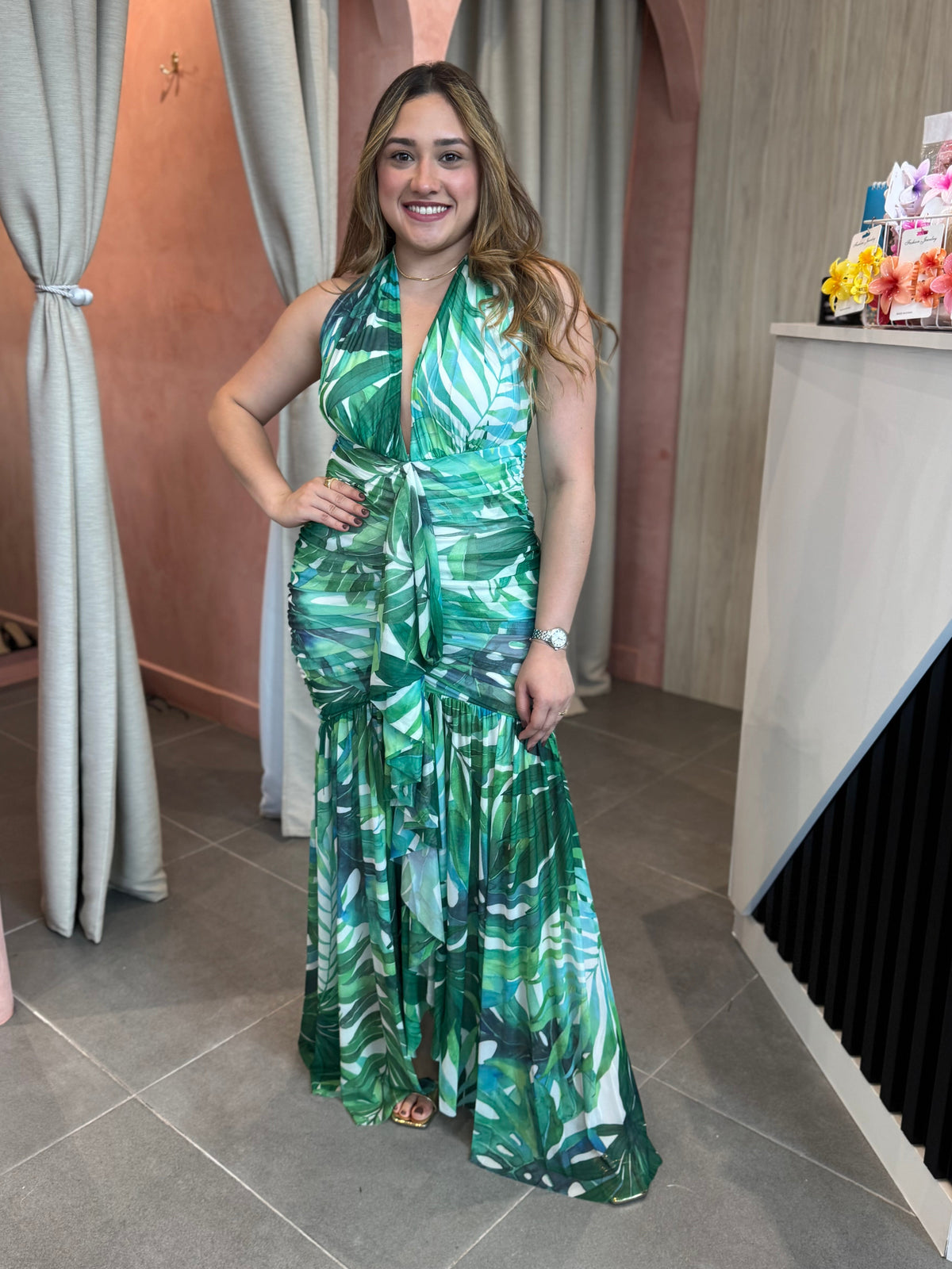 Green Mesh Halter Maxi Dress