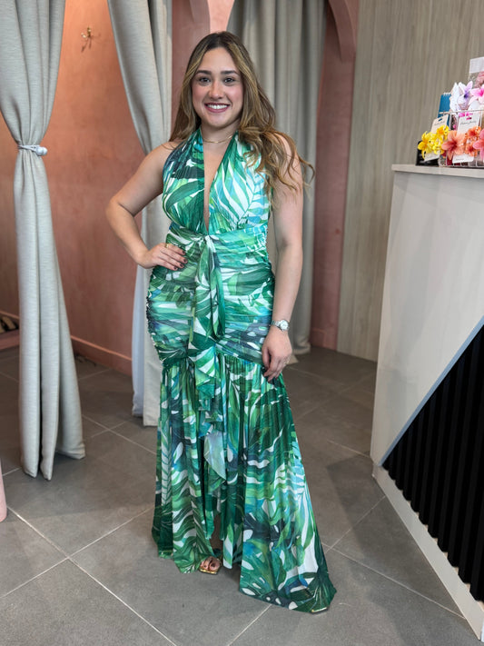 Green Mesh Halter Maxi Dress