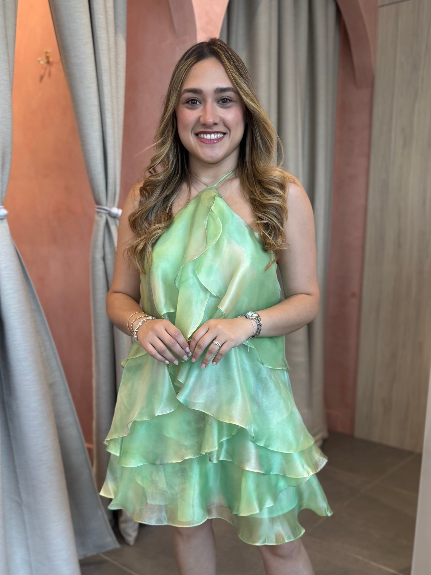 Sage Ruffle Halter Mini Dress