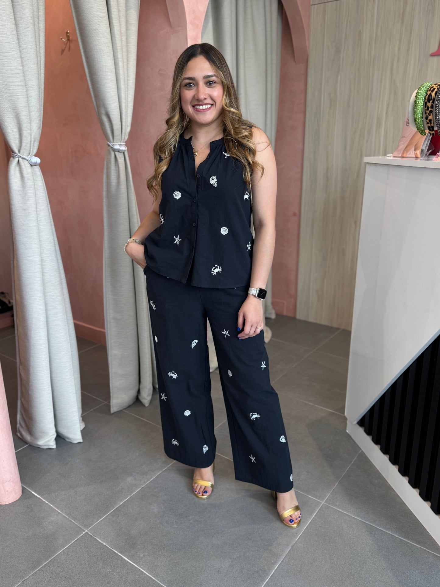 Navy Embroidered Pants