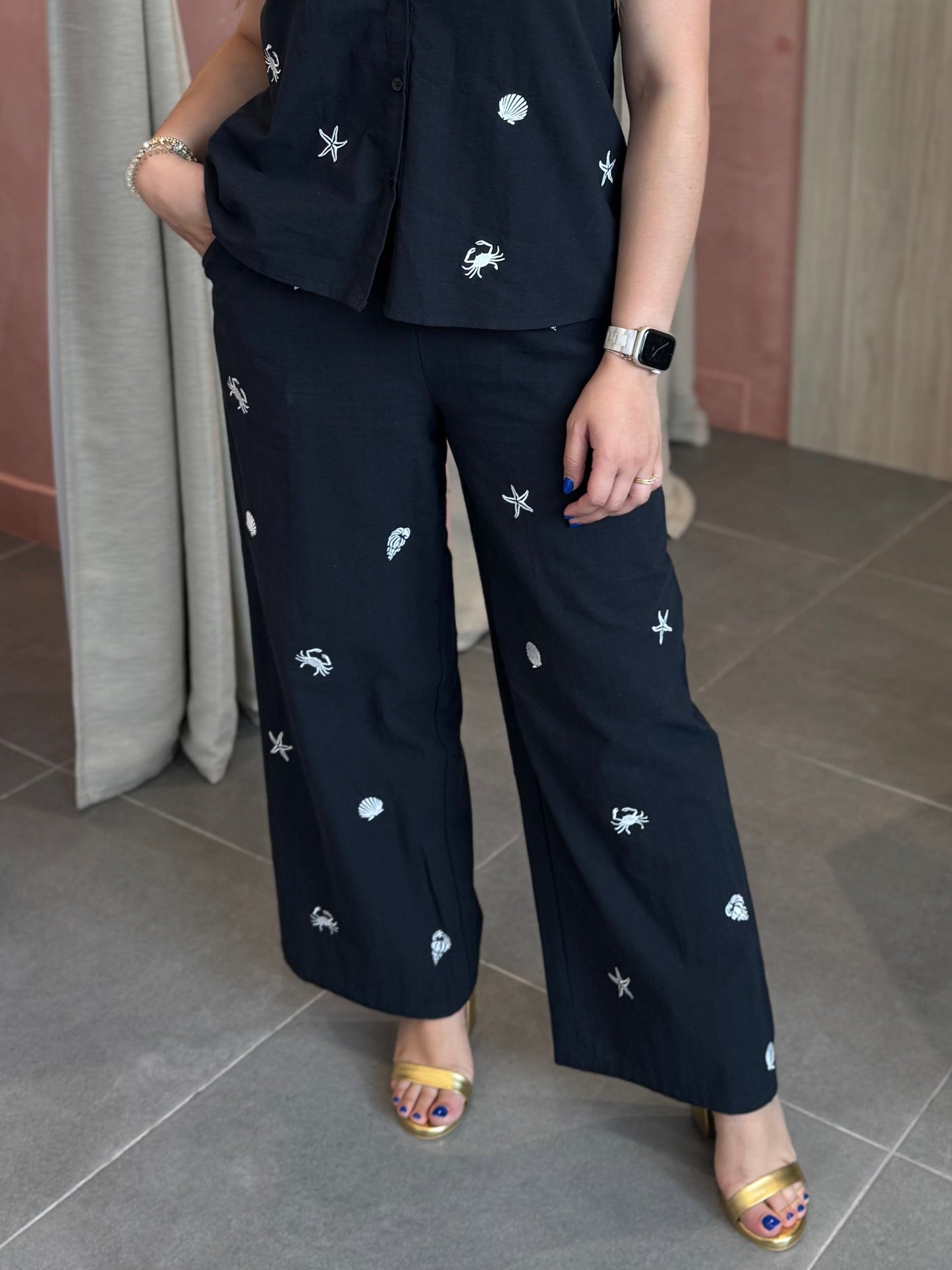 Navy Embroidered Pants