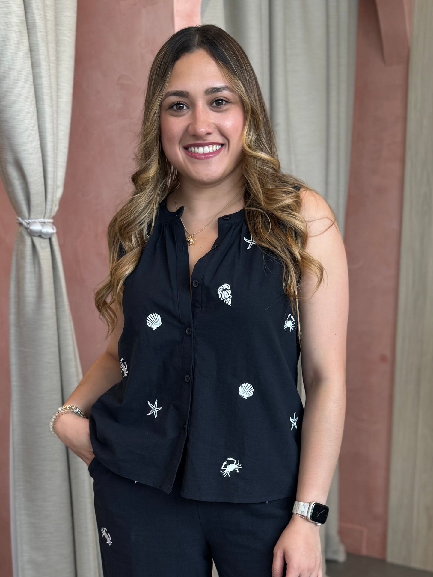 Navy Embroidered Slvless Blouse