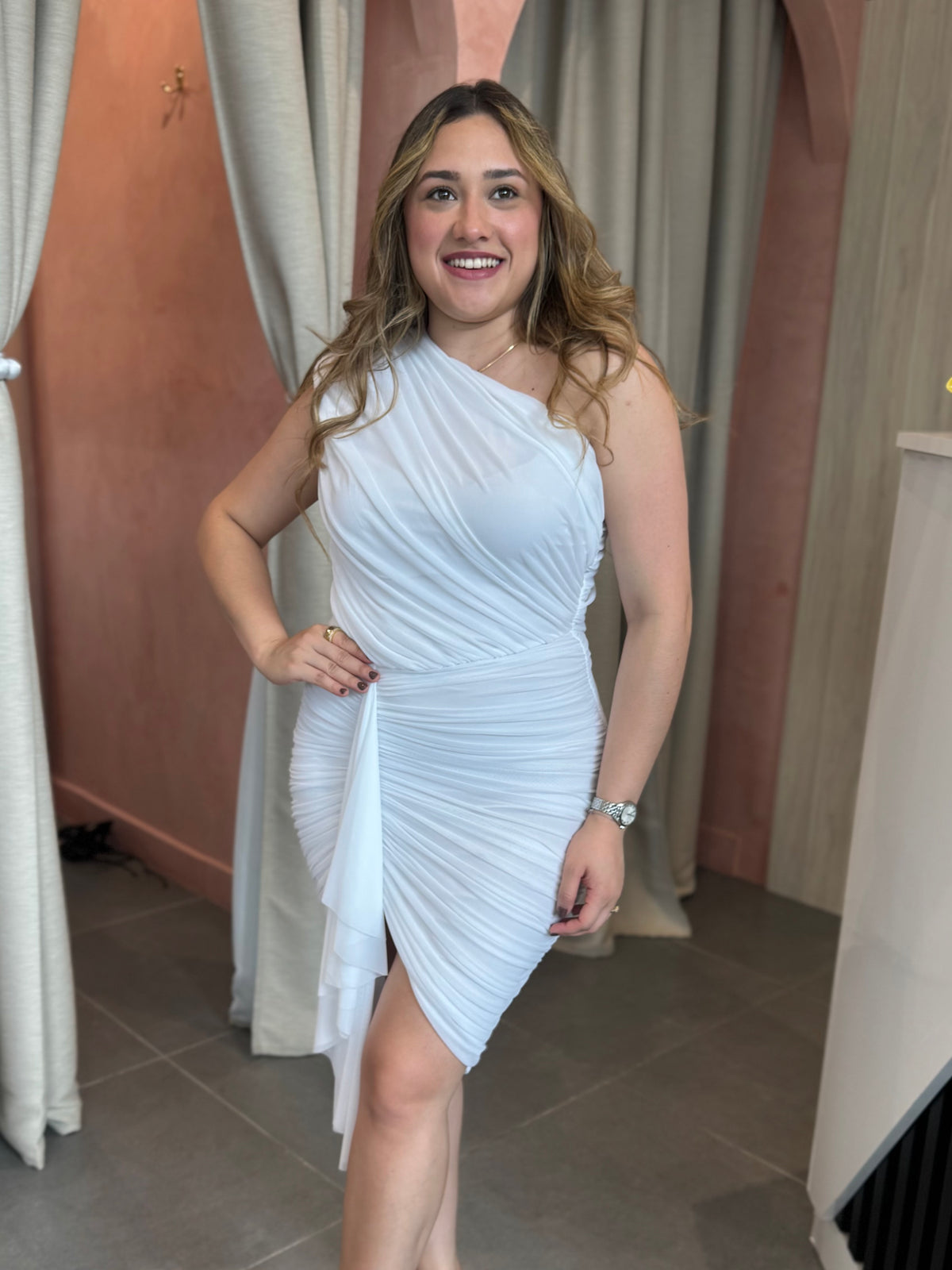 White Ruched Mini Dress