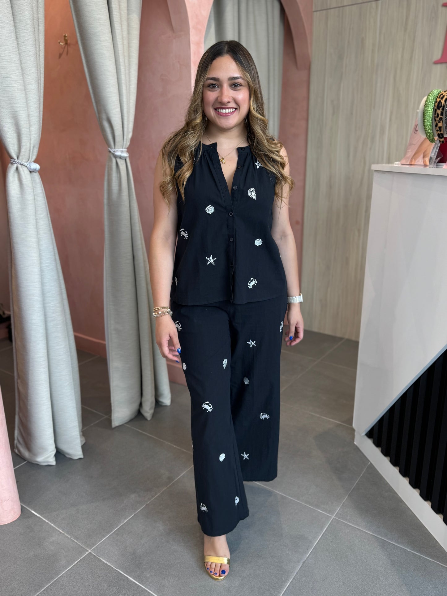 Navy Embroidered Pants