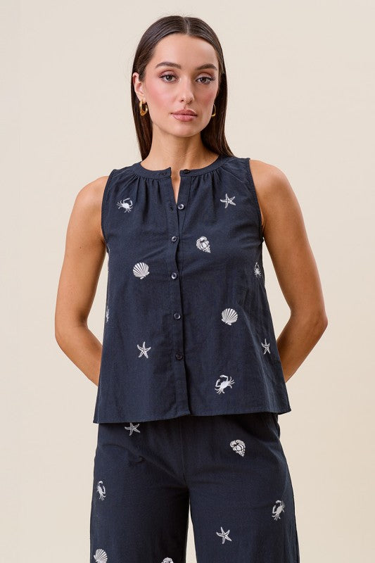 Navy Embroidered Slvless Blouse