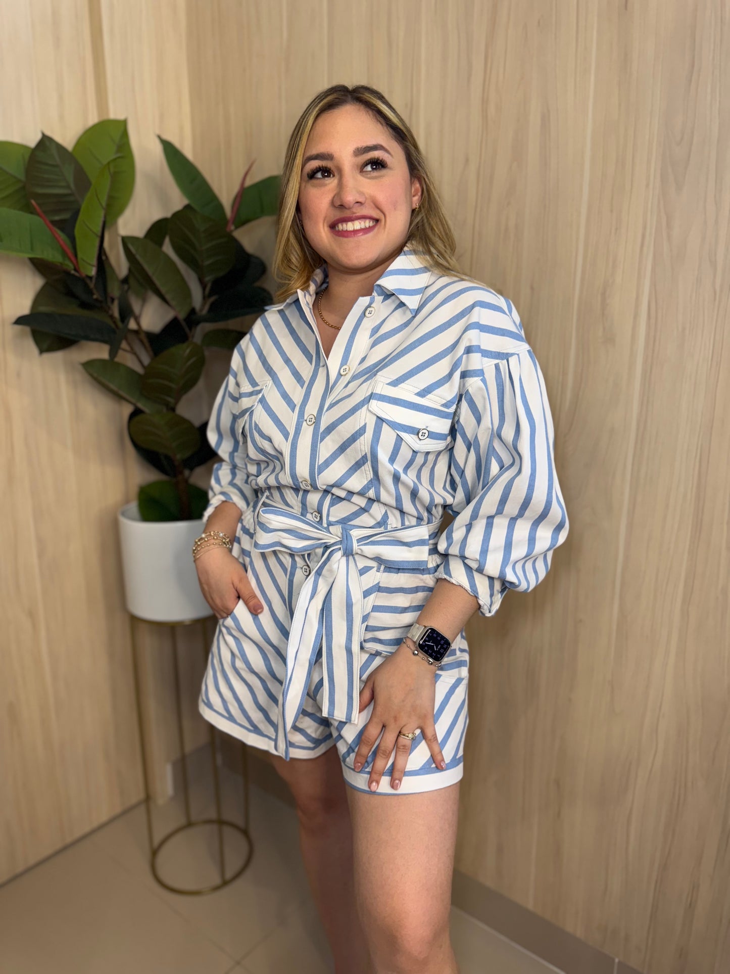 Blue Waist Stripe Romper