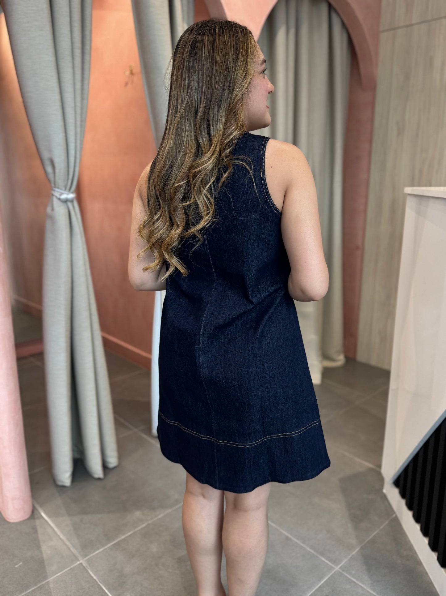 Navy Embroidered Denim Mini Dress