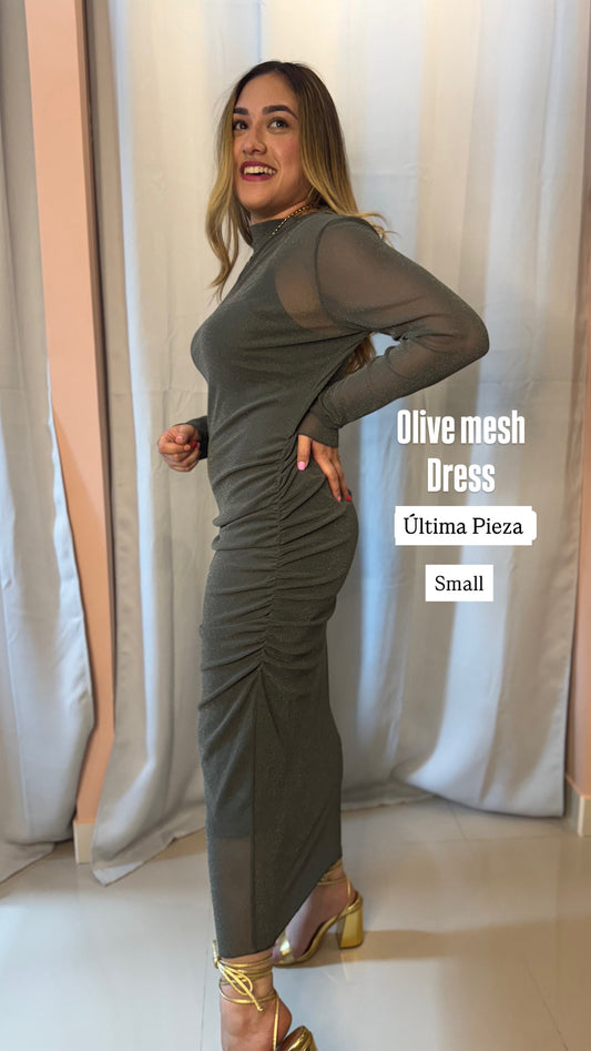 Olive Detailed Mesh Draped Dress