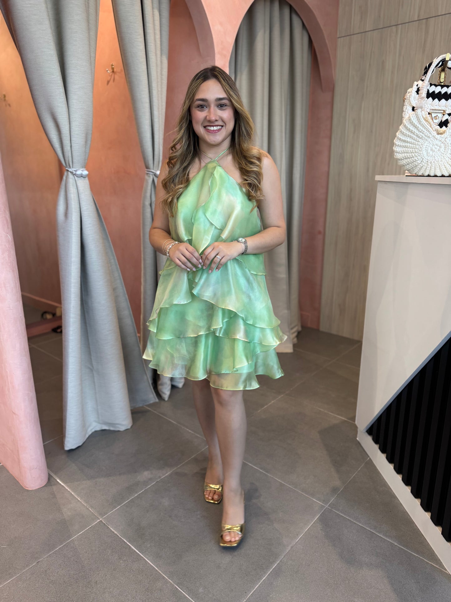 Sage Ruffle Halter Mini Dress