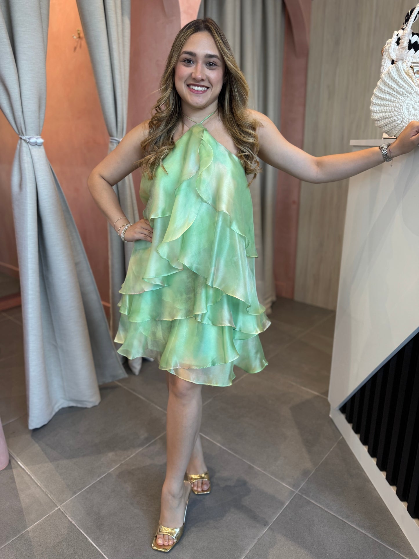 Sage Ruffle Halter Mini Dress