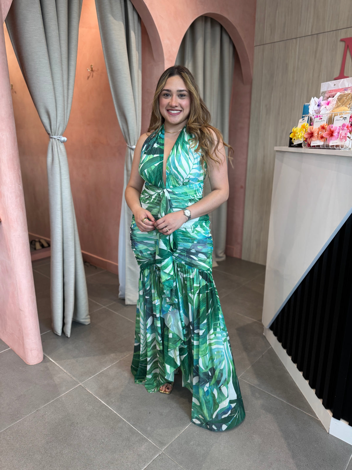 Green Mesh Halter Maxi Dress