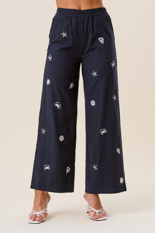 Navy Embroidered Pants