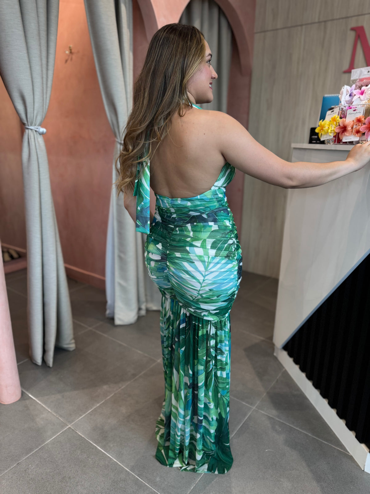 Green Mesh Halter Maxi Dress