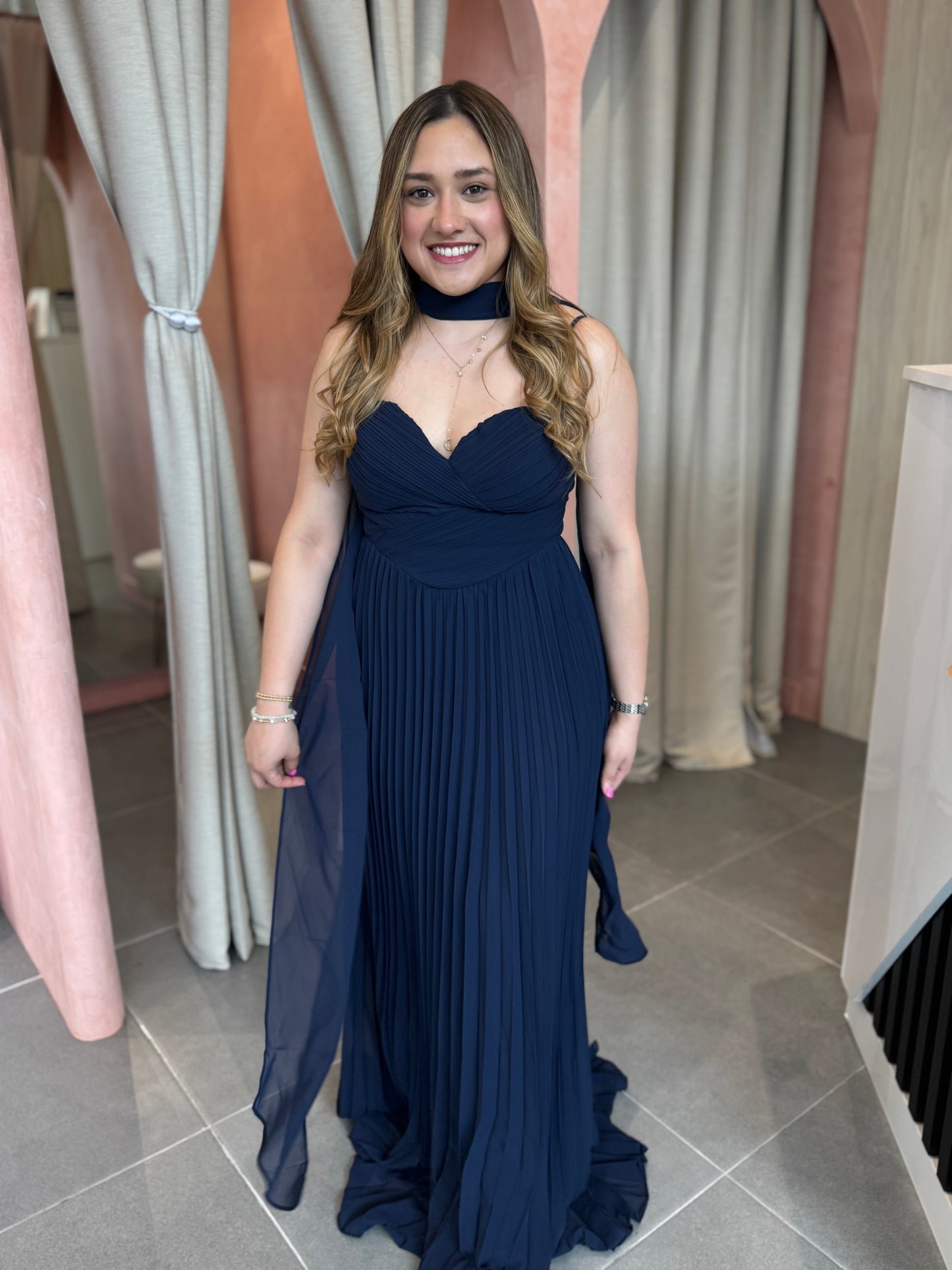 Navy Chiffon Maxi Dress with Scarf