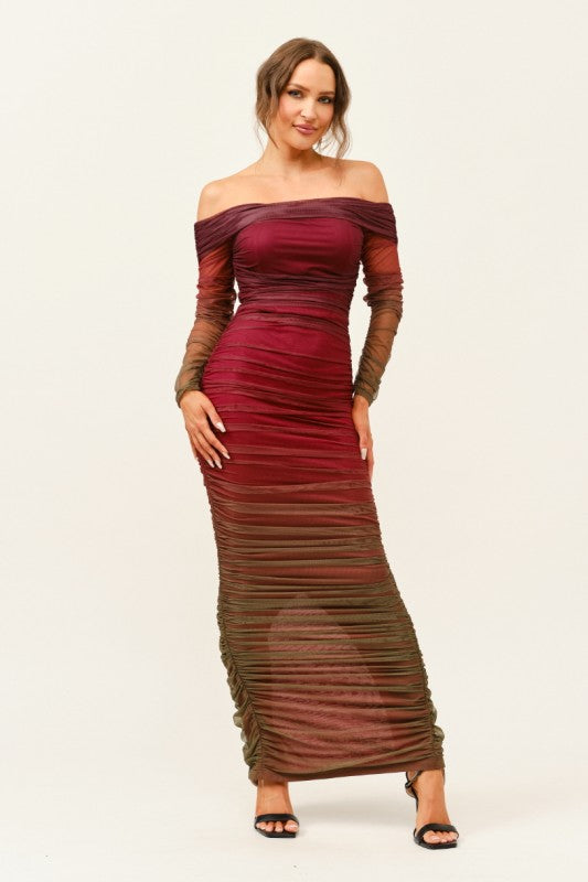 Burgundy/Olive Off Shoulder Mesh Maxi Dress - 21 nov.