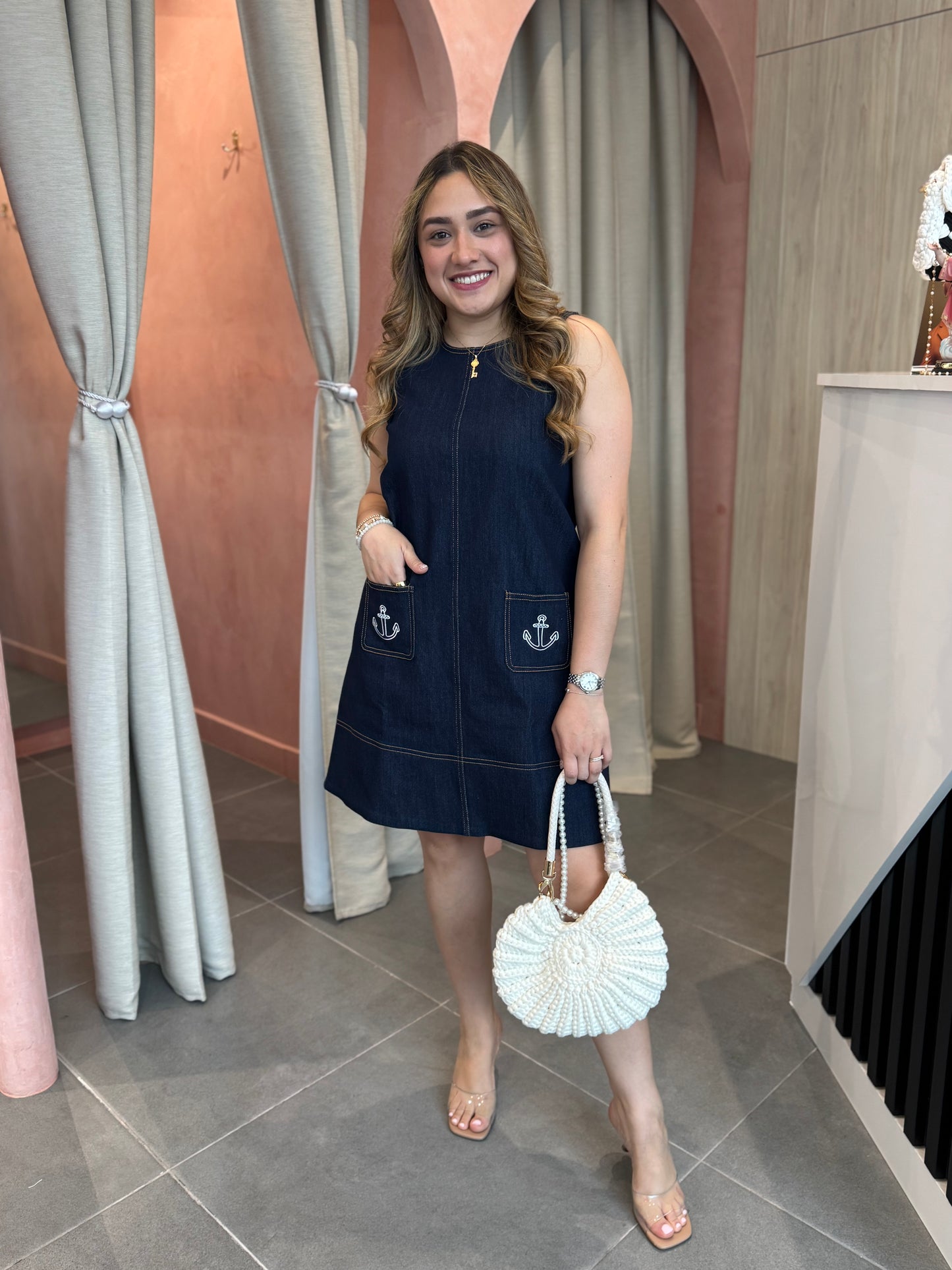 Navy Embroidered Denim Mini Dress
