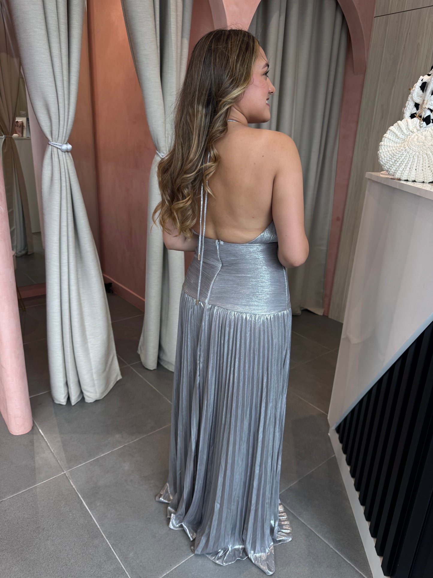 Silver Metallic Halter Maxi Dress