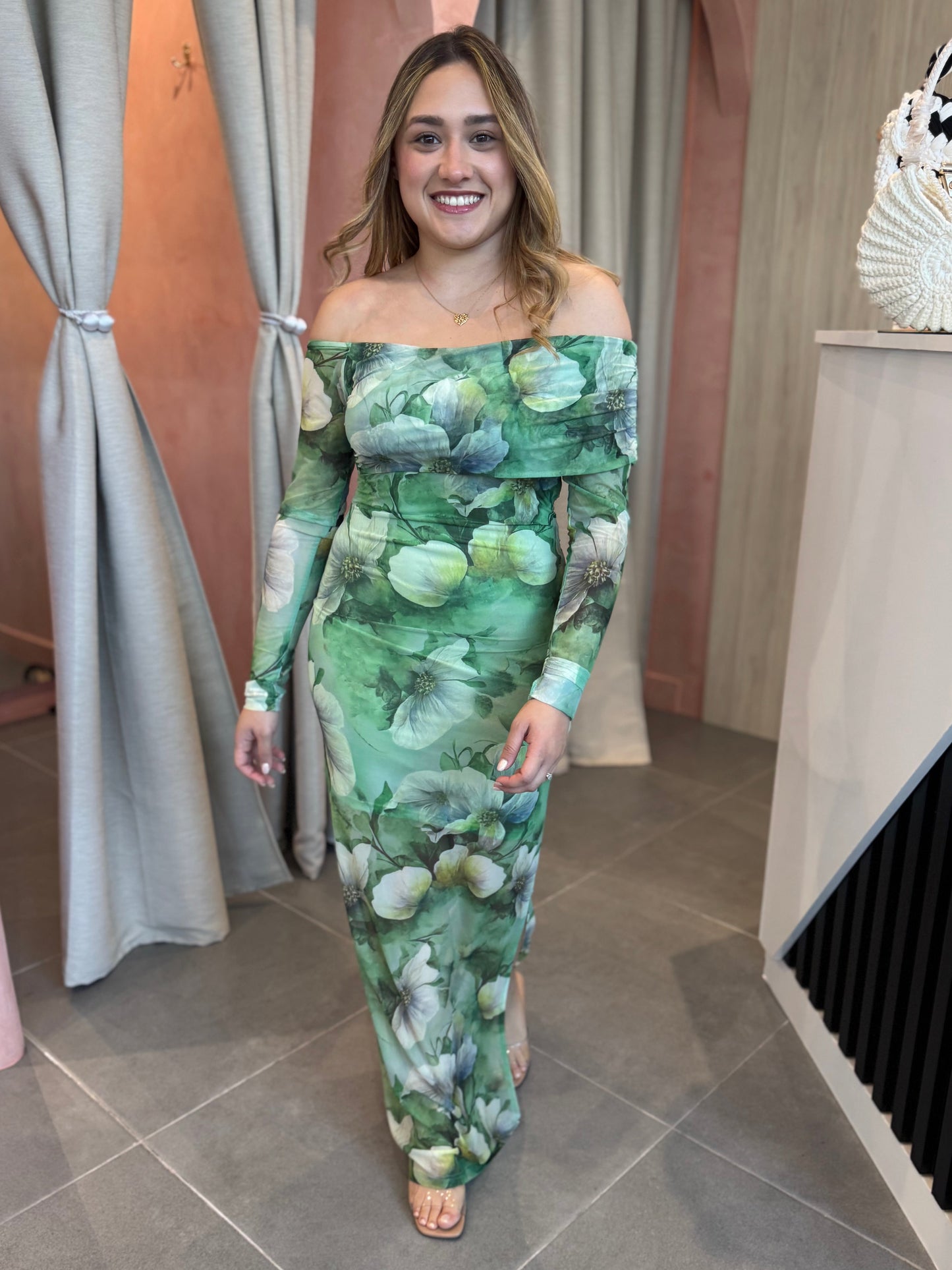 Green Multi Floral Mesh Maxi Dress