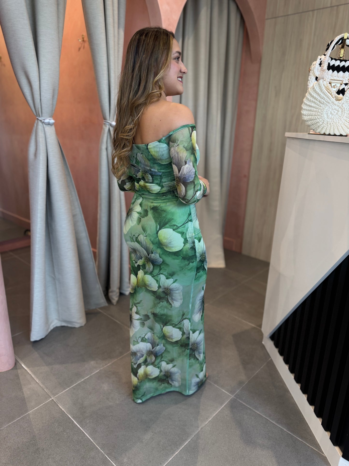 Green Multi Floral Mesh Maxi Dress